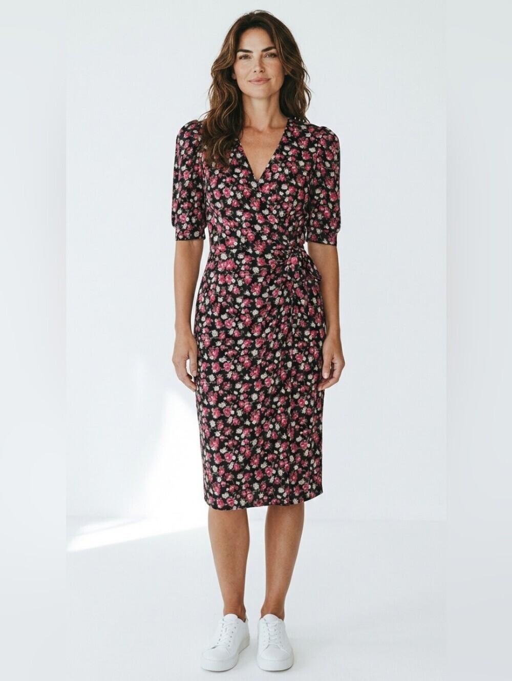 Vintage Black and Pink Ruched Wrap Midi Dress with Puff Sleeves
